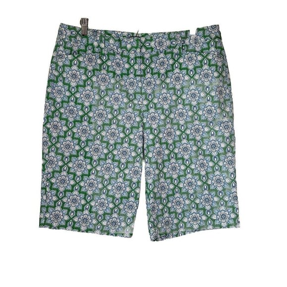 Lands End Bermuda Shorts Womens 14 Mid Rise Blue Green Floral Print Pockets - Picture 1 of 15